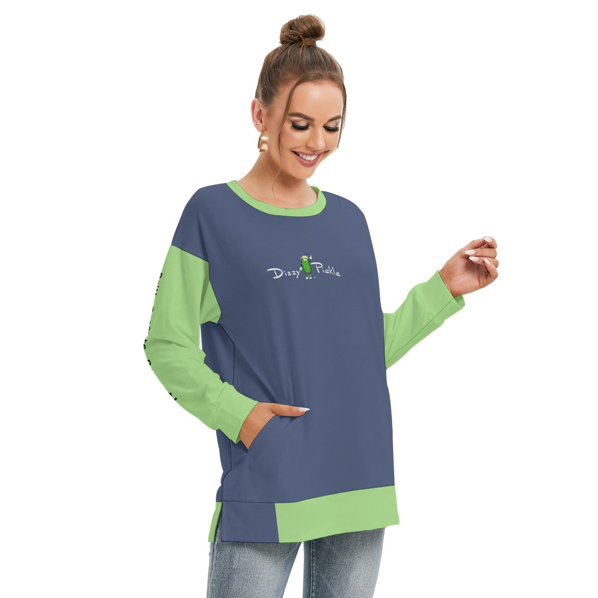 Dizzy Pickle DZY P Classic Blue_Green Women's Pickleball Side Split O-Neck Sweatshirt