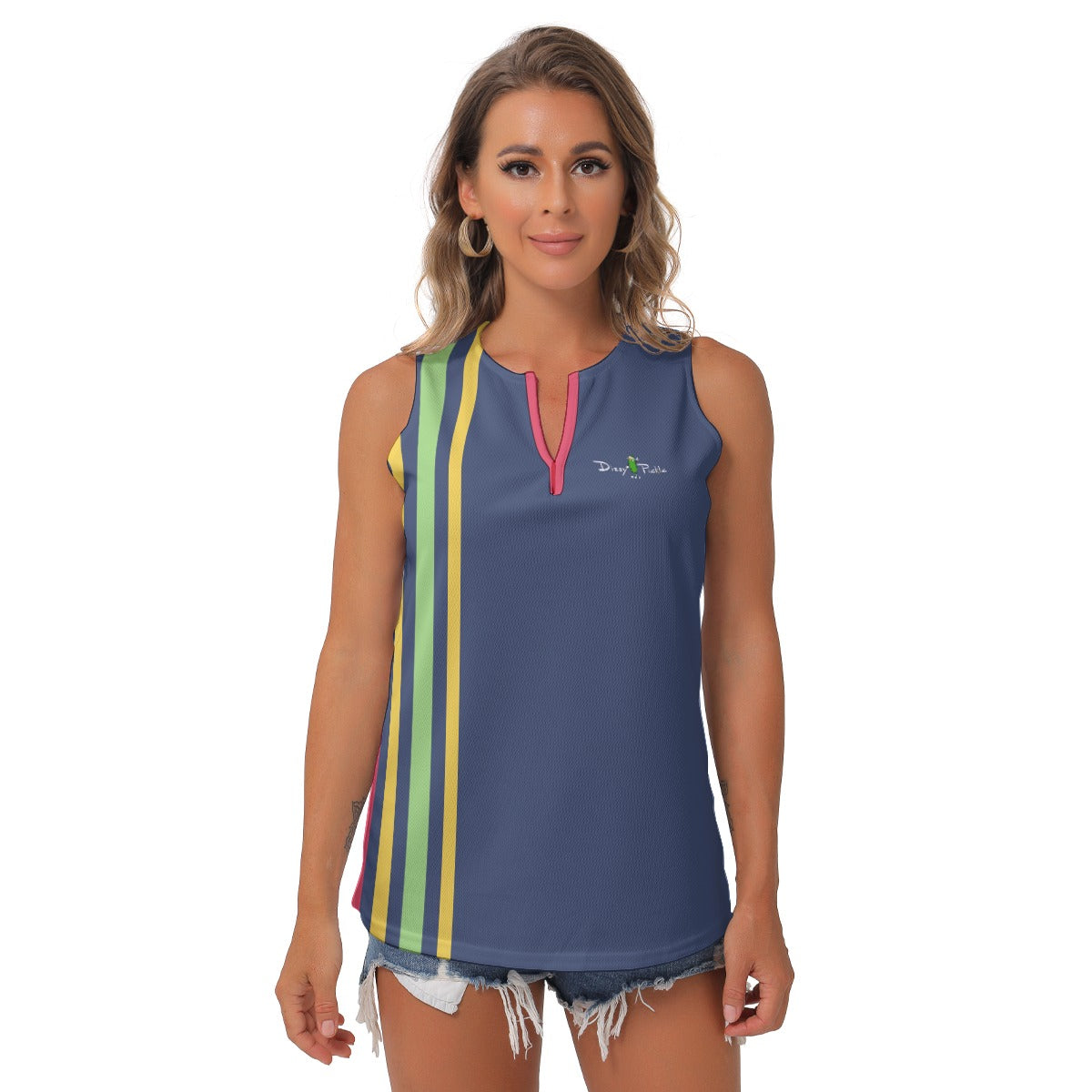 Dizzy Pickle Amy Patches Stripes Women's Pickleball Sleeveless V-Neck Top