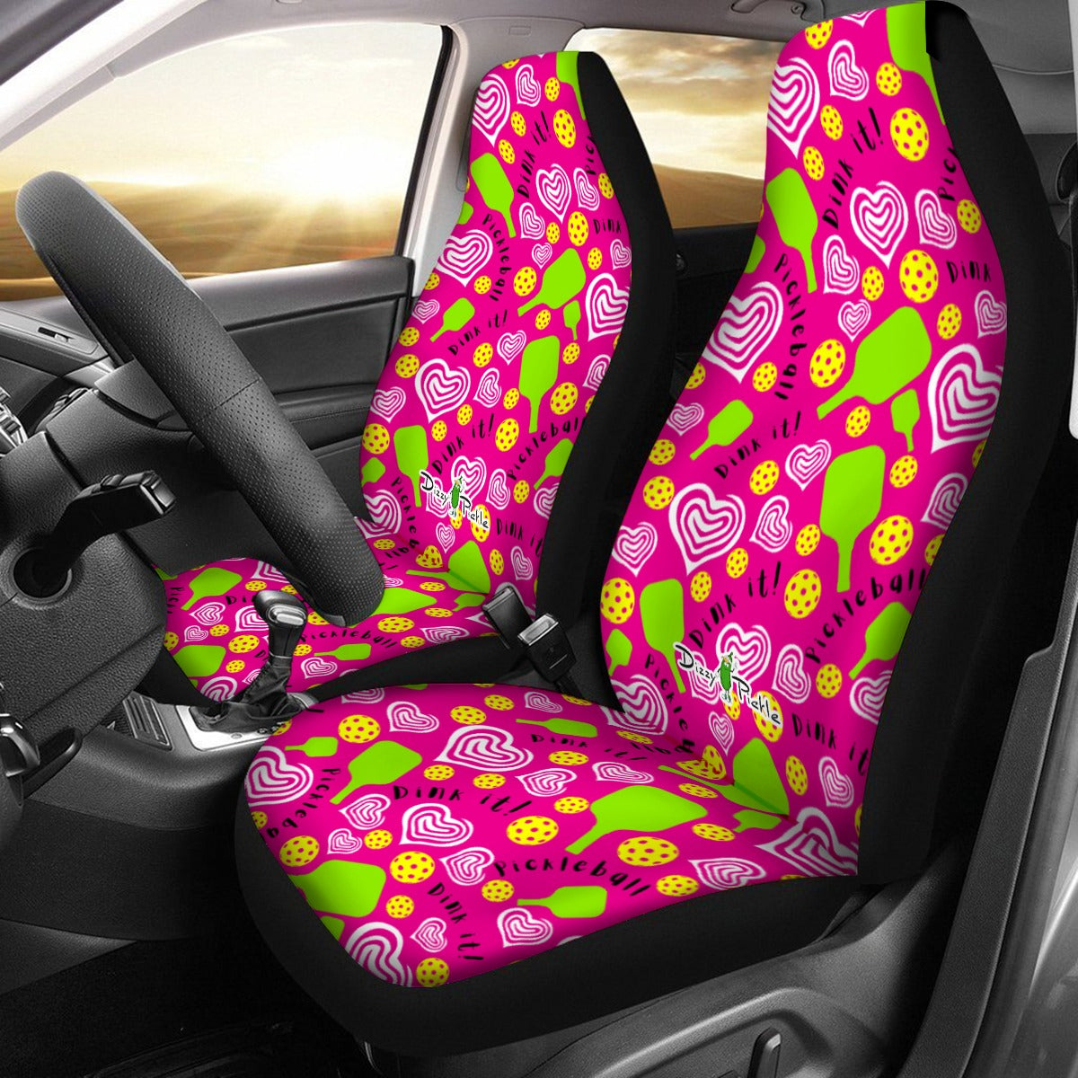 Dizzy Pickle Dinking Diva Hearts Pink Green Universal Car Seat Cover (Includes a pair of seat covers.)