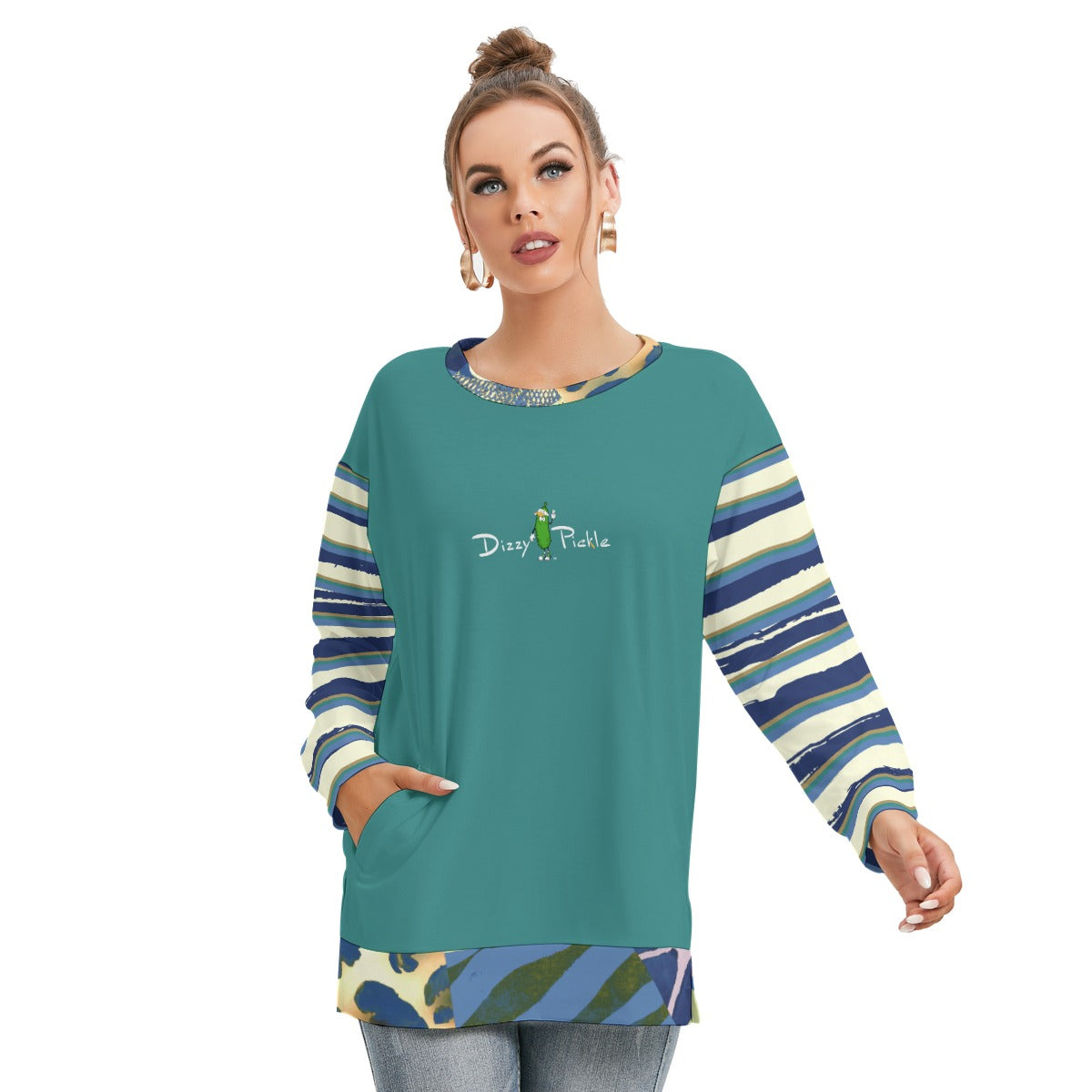 Dizzy Pickle Anne StripesTurquoise Women's Pickleball Side Split O-Neck Sweatshirt