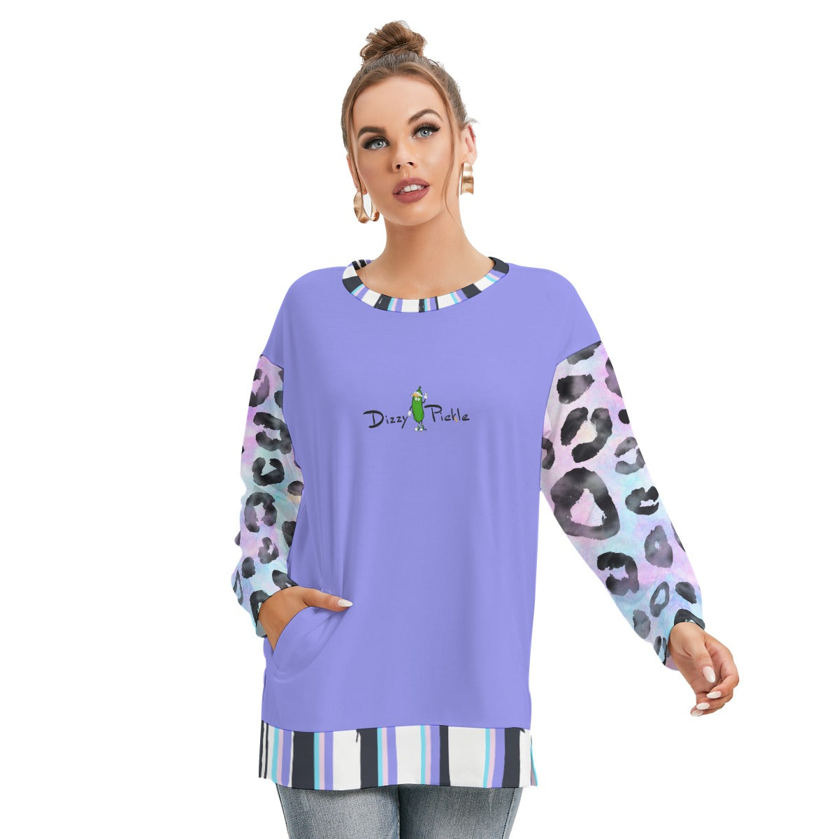 Dizzy Pickle Amber Pastel Kitty Women's Pickleball Side Split O-Neck Sweatshirt