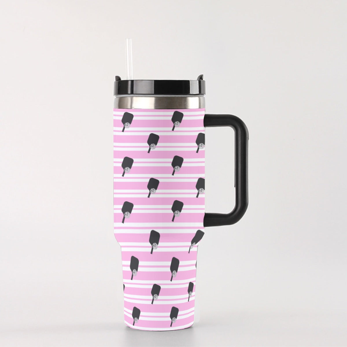 Dizzy Pickle Page Paddles_Stripes Pink White 40 oz. Mega Pickleball Insulated Tumbler with Handle