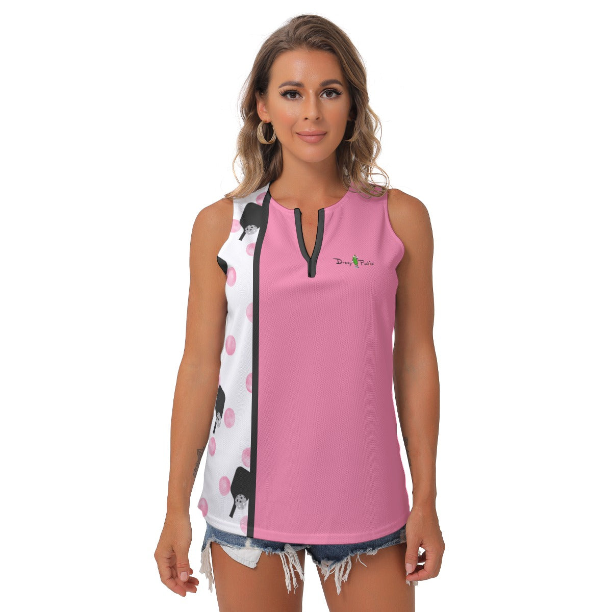 Dizzy Pickle Page Mini Paddles_Polka Dots White Women's Pickleball Sleeveless V-Neck Top