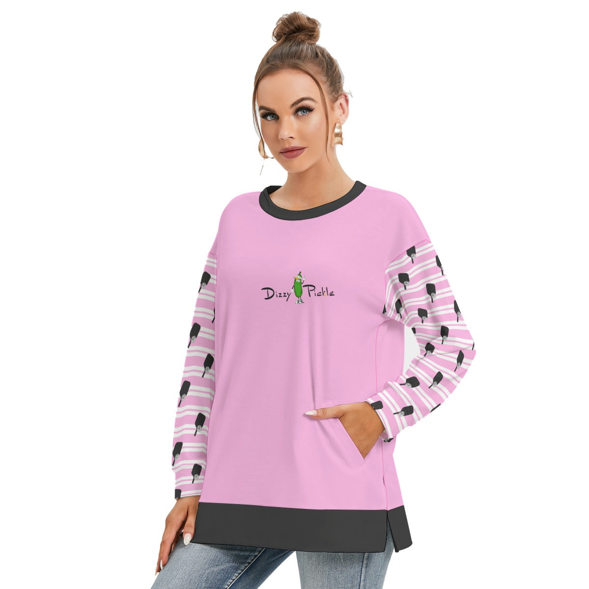 Dizzy Pickle Page Paddles_Stripes Women's Pickleball Side Split O-Neck Sweatshirt