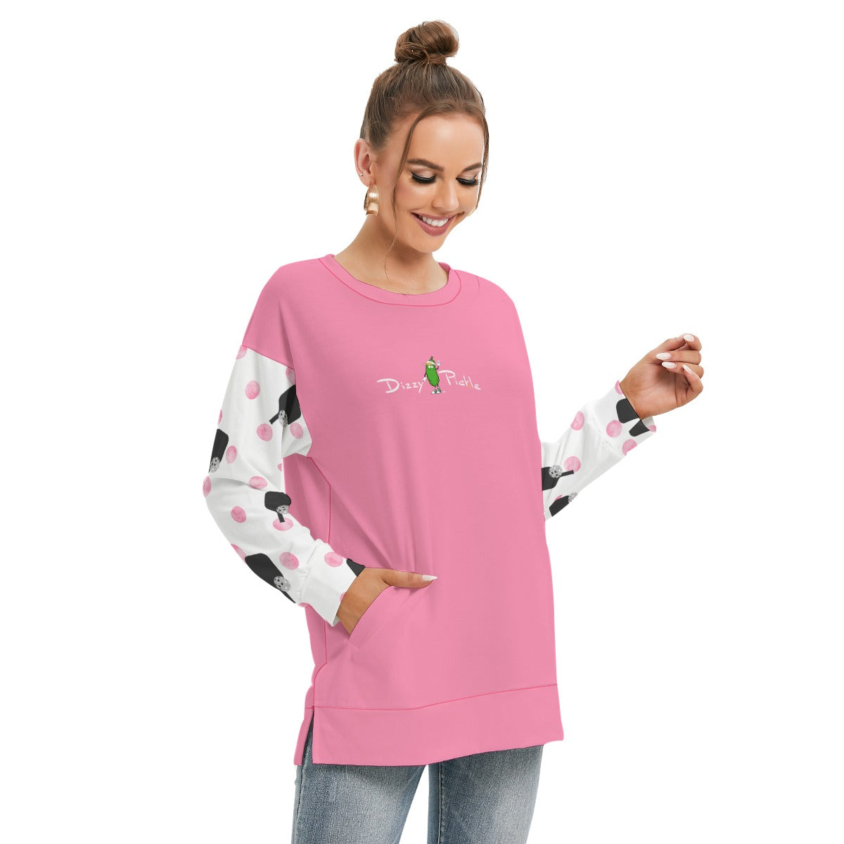 Dizzy Pickle Page Paddles_Polka Dots Small White Women's Pickleball Side Split O-Neck Sweatshirt