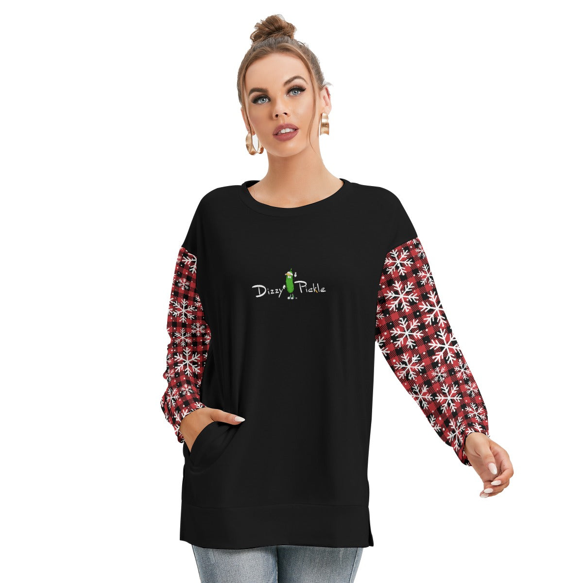 Dizzy Pickle Christmas Snow Plaid Women's Pickleball Side Split O-Neck Sweatshirt