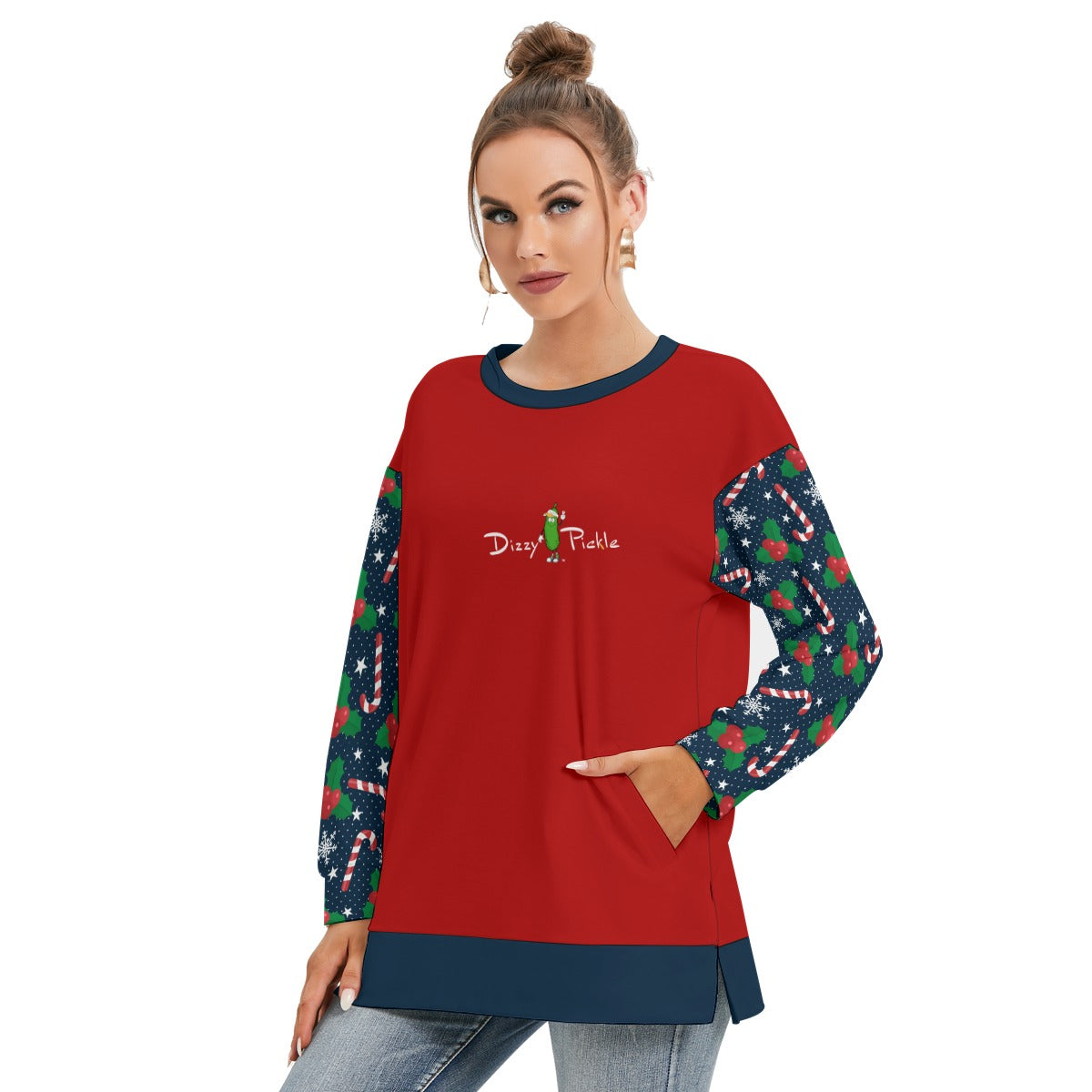 Dizzy Pickle Christmas Candy Canes Women's Pickleball Side Split O-Neck Sweatshirt