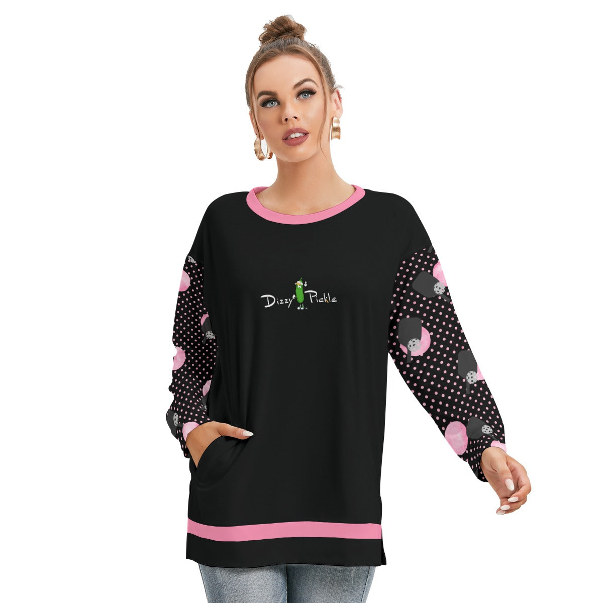 Dizzy Pickle Page Paddles_Polka Dots Black Women's Pickleball Side Split O-Neck Sweatshirt