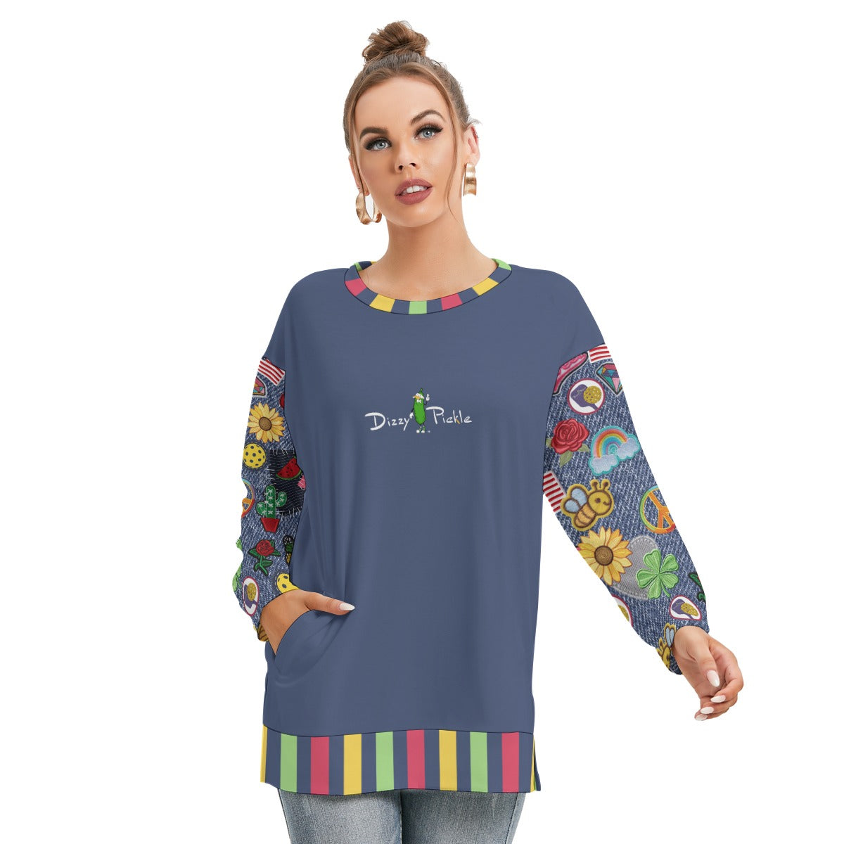 Dizzy Pickle Amy Patches Women's Pickleball Side Split O-Neck Sweatshirt