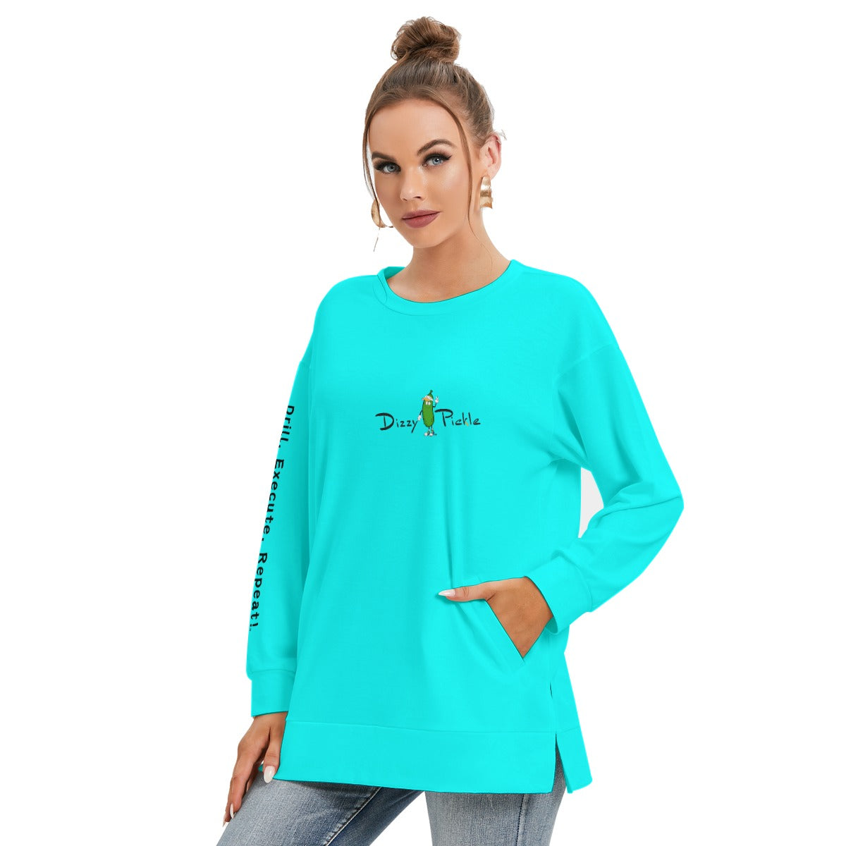 Dizzy Pickle DZY P Classic Cool Teal Women's Pickleball Side Split O-Neck Sweatshirt