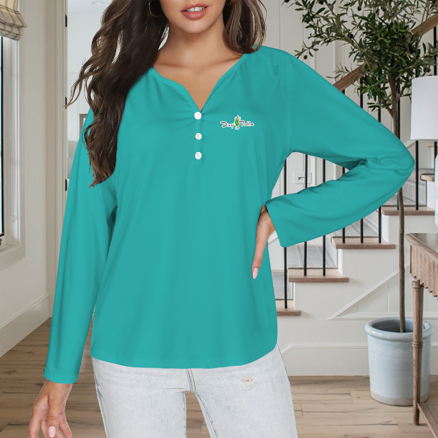 Three Button Long Sleeve Cool Teal