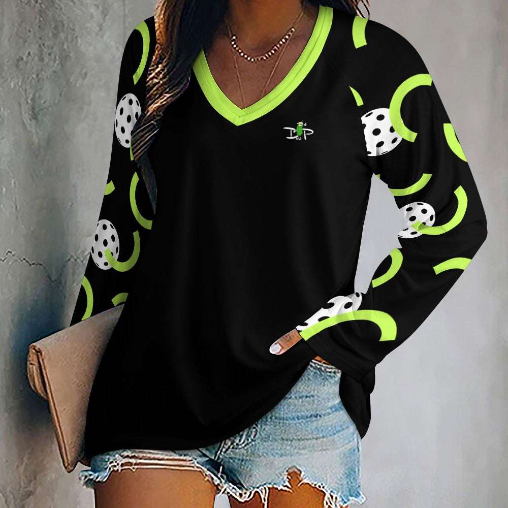 Dizzy Pickle Believe Black Women's Pickleball Long sleeve Double Layered V-Neck Loose Tee