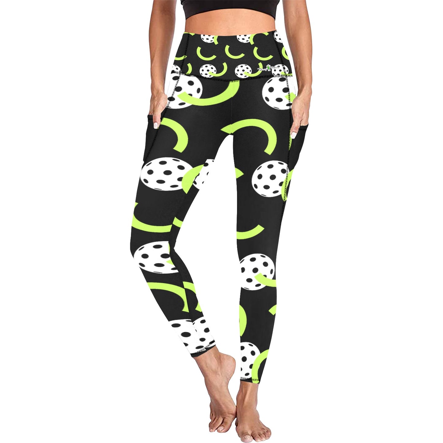 Dizzy Pickle Believe Black Women's Pickleball Performance Leggings (Ankle Length, High-Waisted, & Two Side Pockets)