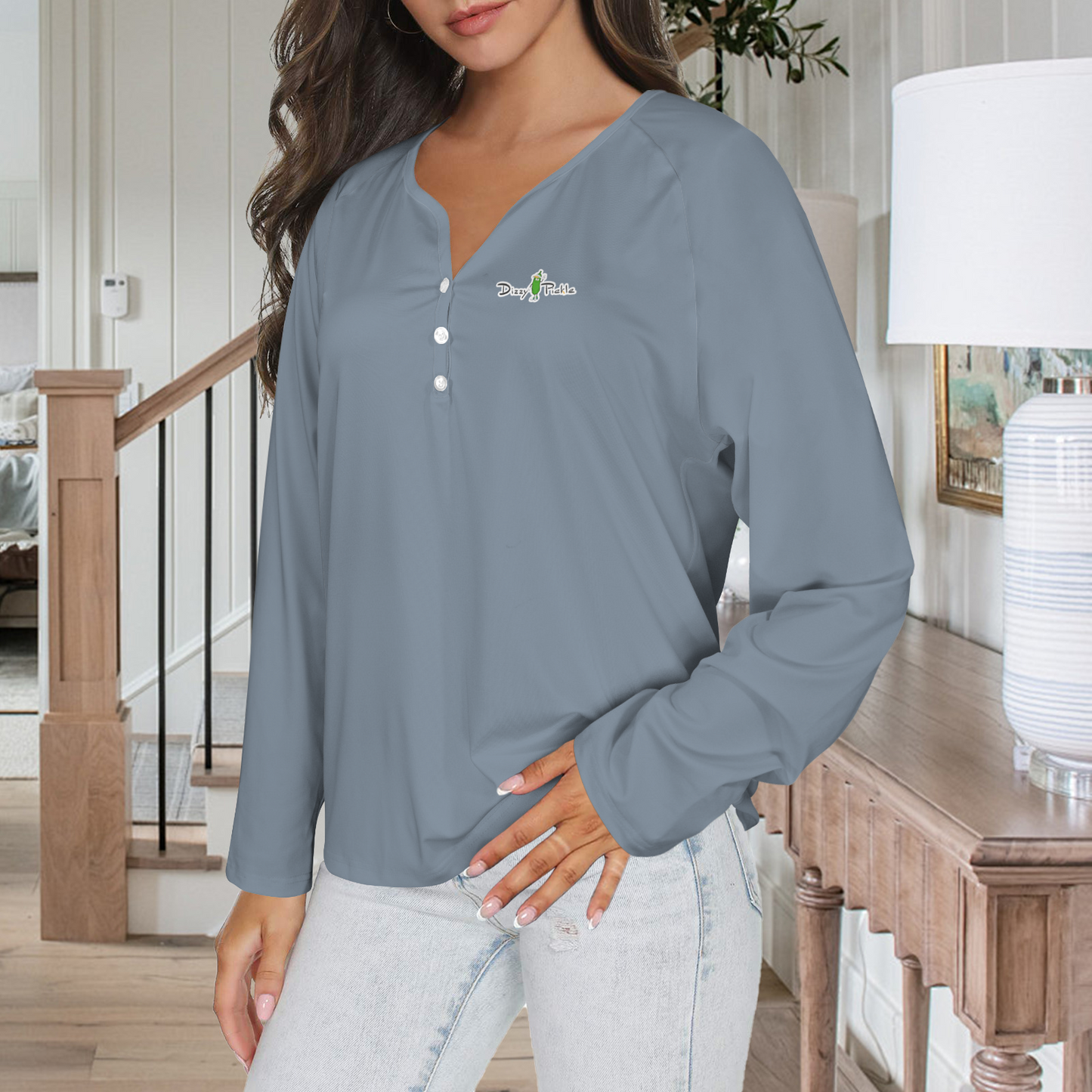Three Button Long Sleeve Ocean Blue