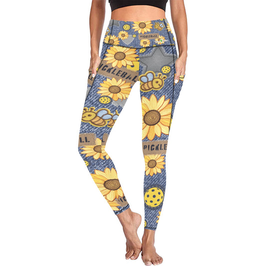 Dizzy Pickle Amy Sunflowers Women's Pickleball Performance Leggings (Ankle Length, High-Waisted, & Two Side Pockets)