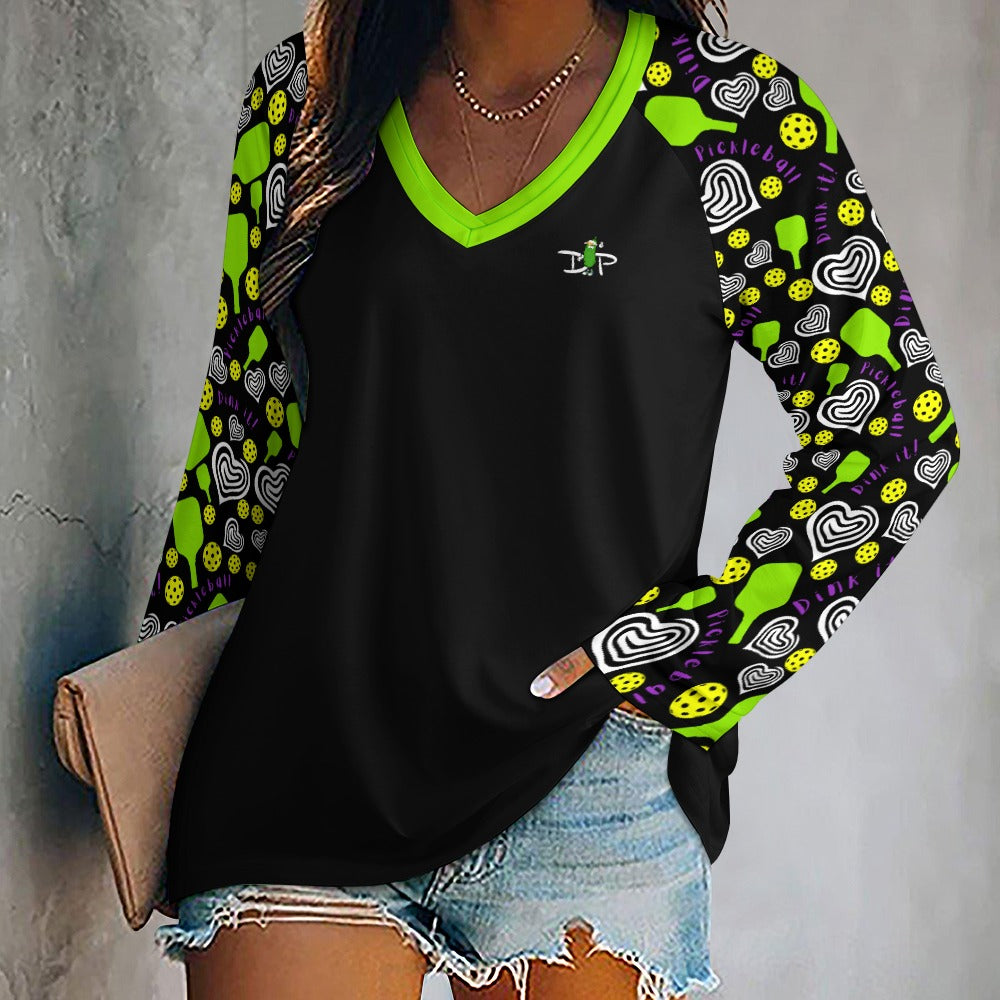 Dizzy Pickle Dinking Diva Hearts BG Women's Pickleball Long sleeve Double Layered V-Neck Loose Tee