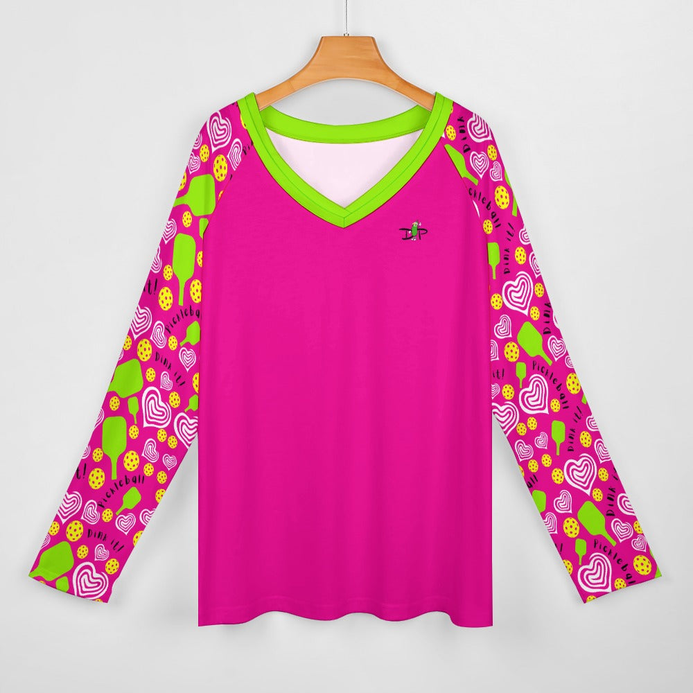 Dizzy Pickle Dinking Diva Hearts PG Women's Pickleball Long sleeve Double Layered V-Neck Loose Tee