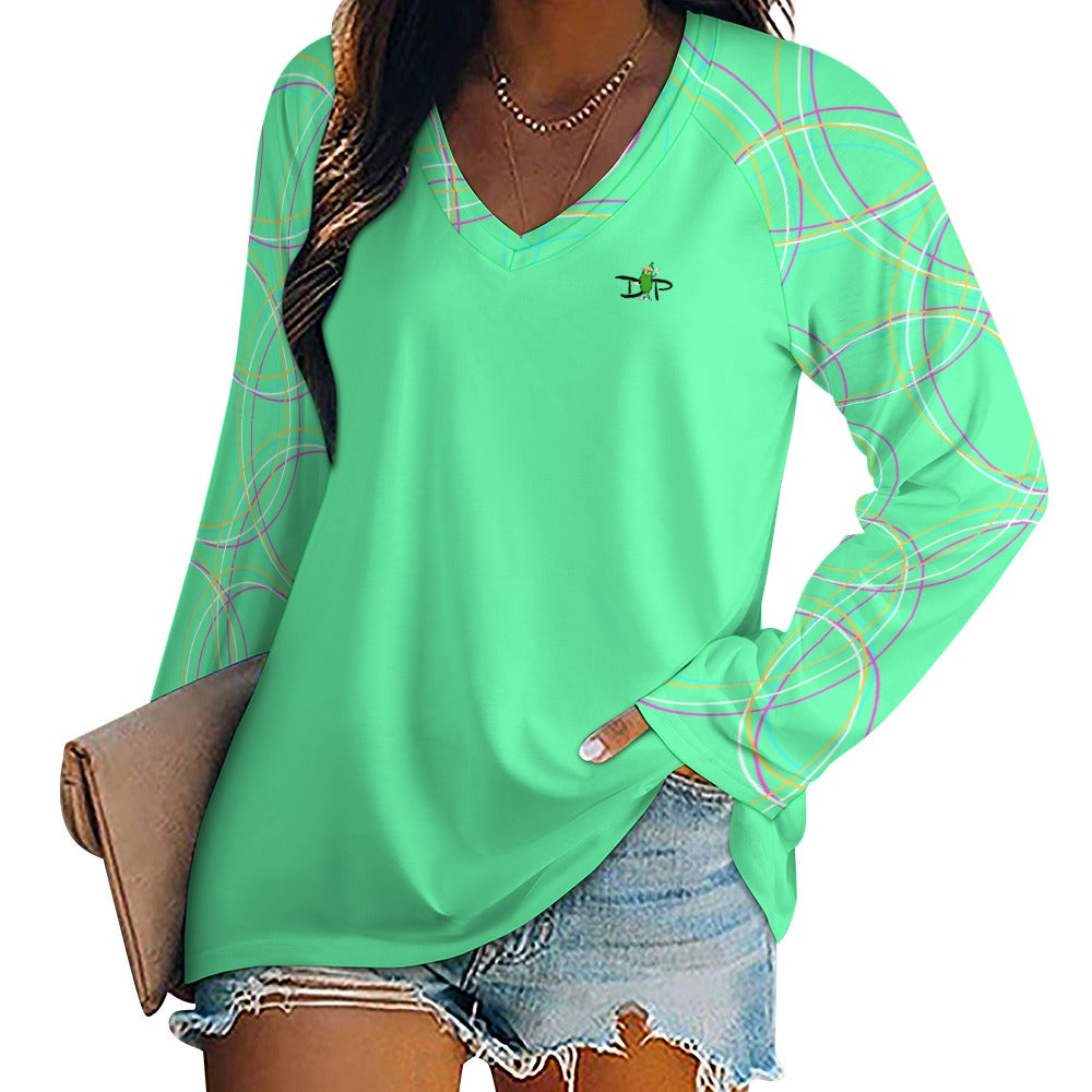 Dizzy Pickle Emily Focused Aqua Women's Pickleball Long sleeve Double Layered V-Neck Loose Tee