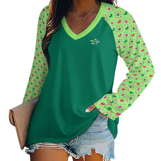 Dizzy Pickle Penny Mini Paddles and Balls Green Women's Pickleball Long sleeve Double Layered V-Neck Loose Tee