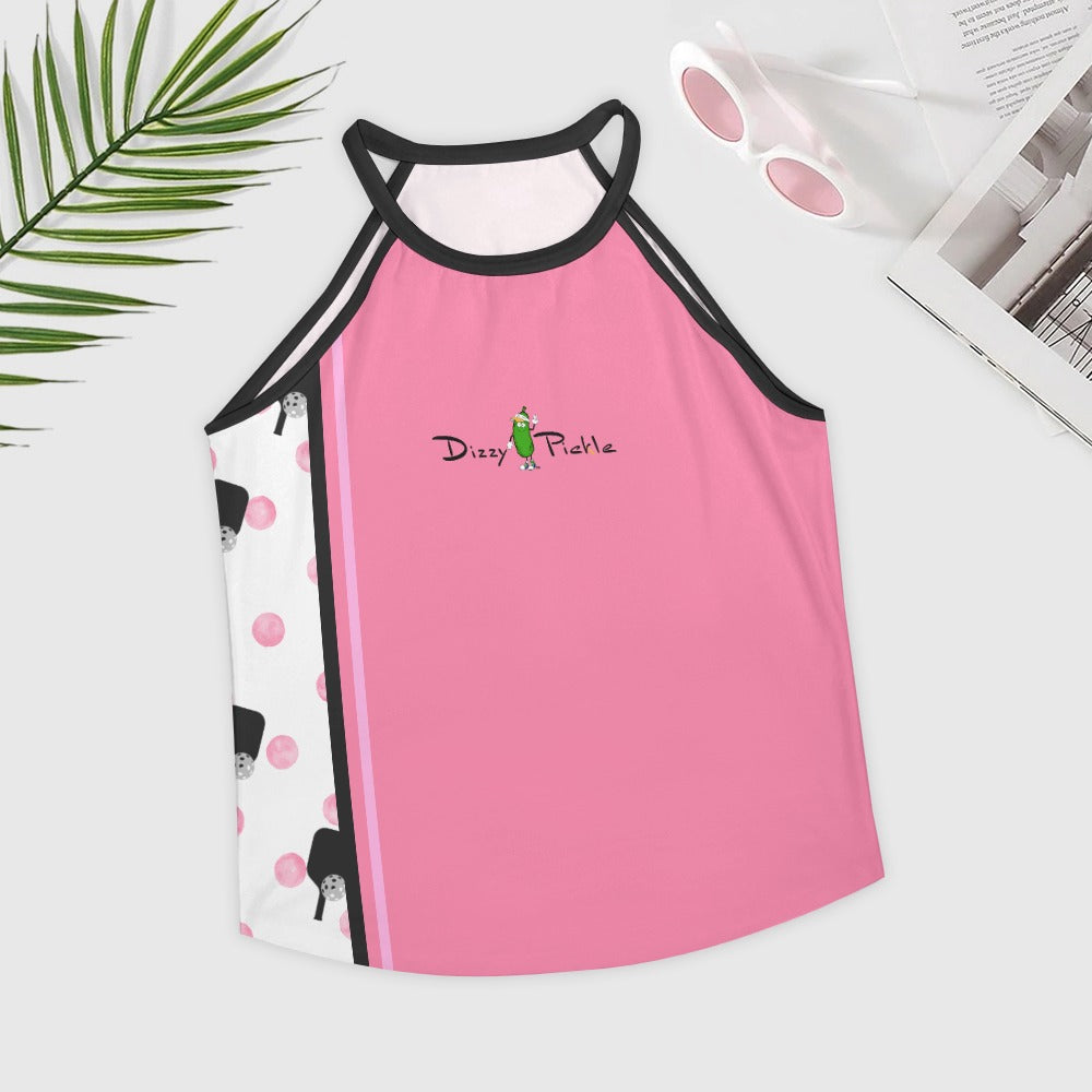 Dizzy Pickle Page Deep Pink Polka Dots and Paddles Mini Women's Pickleball Crew Neck Vest