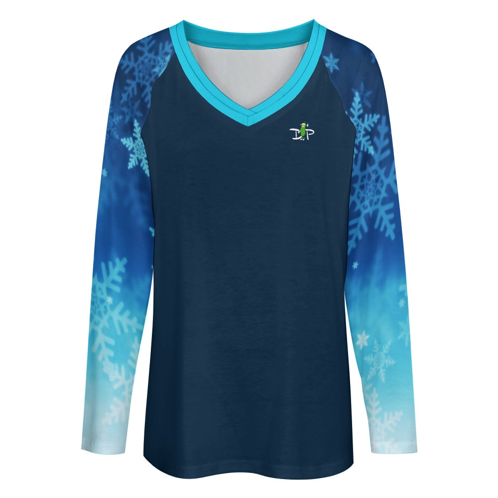 Dizzy Pickle Christmas Blue Snowflakes Women's Pickleball Double Layered V-Neck Loose Tee