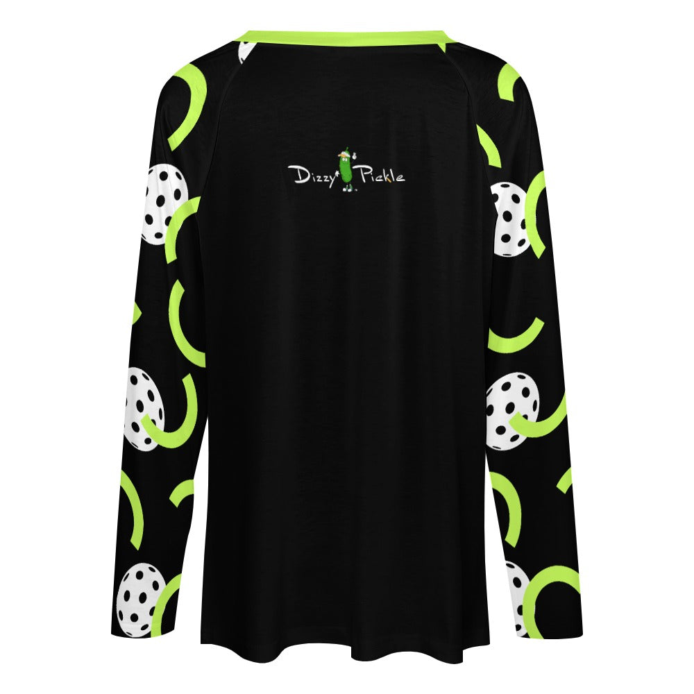 Dizzy Pickle Believe Black Women's Pickleball Long sleeve Double Layered V-Neck Loose Tee