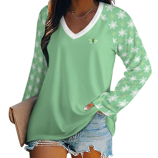 Dizzy Pickle Christmas Snowflakes Green Women's Pickleball Double Layered V-Neck Loose Tee