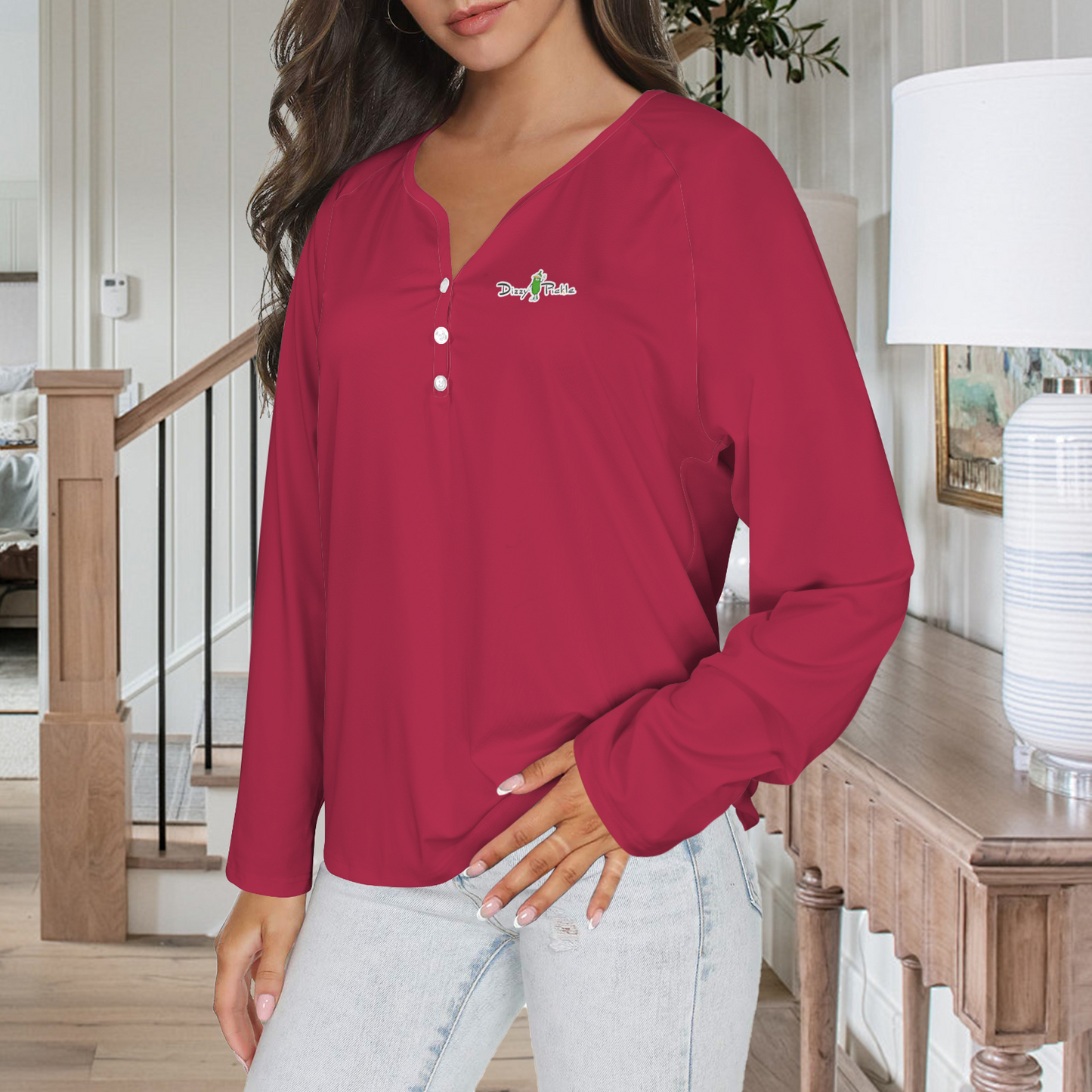 Three Button Long Sleeve Dark Red