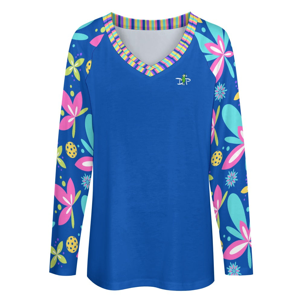 Dizzy Pickle Donna Blue Women's Pickleball Long sleeve Double Layered V-Neck Loose Tee