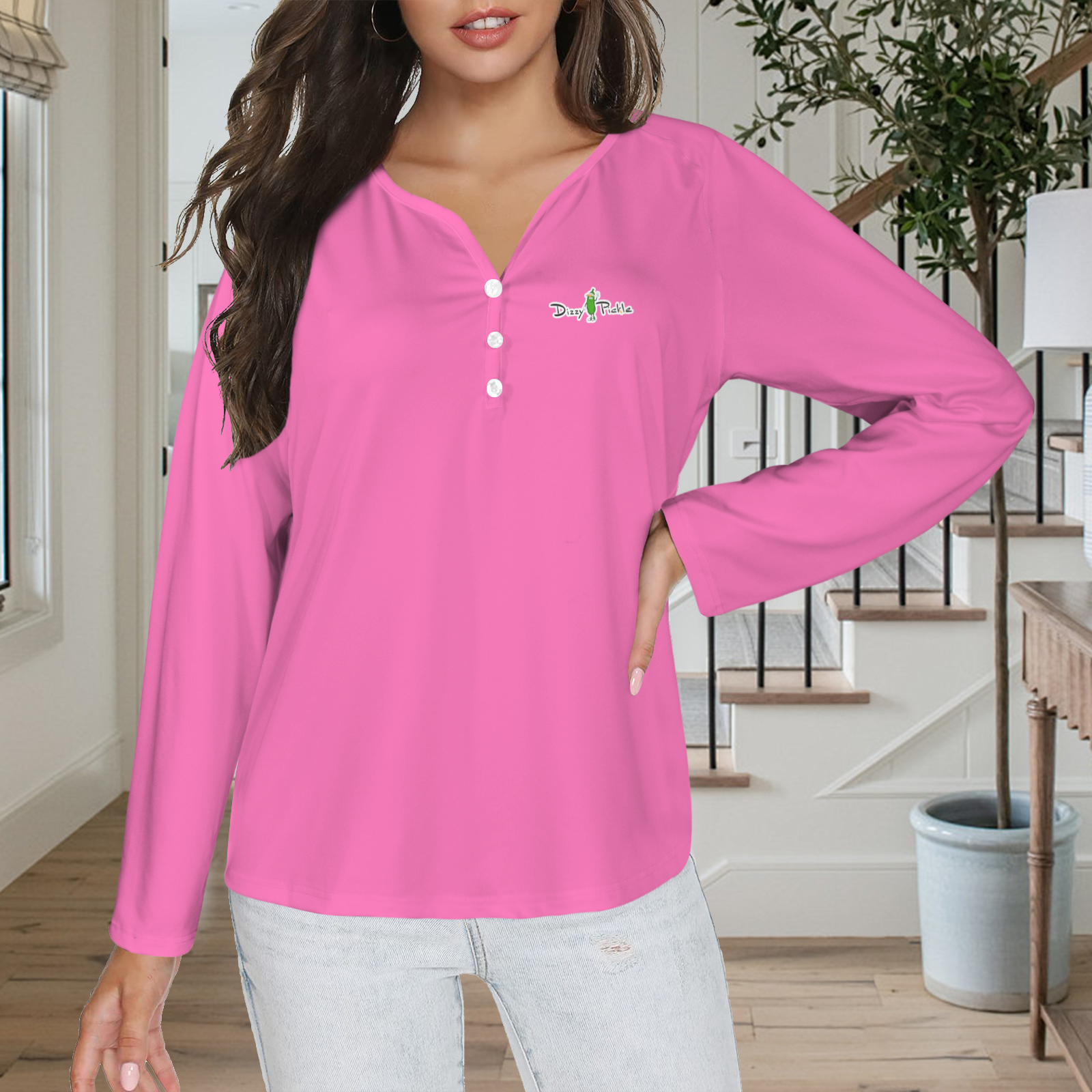 Three Button Long Sleeve Pink