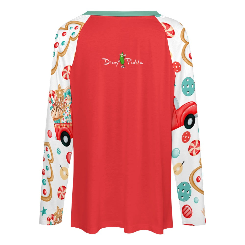 Dizzy Pickle Christmas Holly Cheer Collection Variety Set 1 Women's Pickleball Doiuble Layered V-Neck Loose Tee