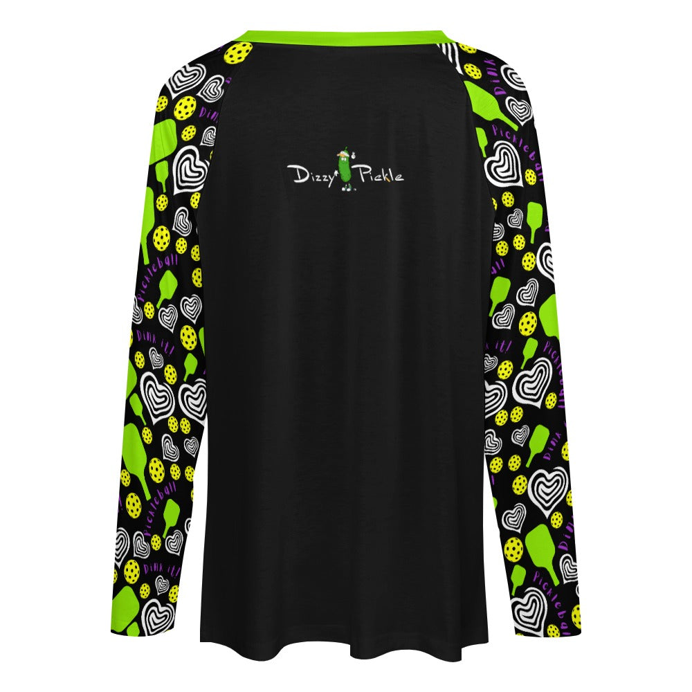 Dizzy Pickle Dinking Diva Hearts BG Women's Pickleball Long sleeve Double Layered V-Neck Loose Tee