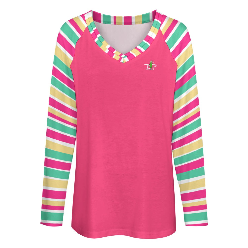 Dizzy Pickle MaryEllen Stripes Deep Pink Women's Pickleball Long sleeve Double Layered V-Neck Loose Tee