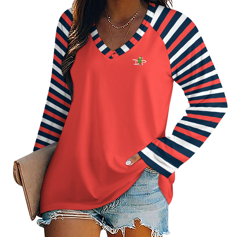 Dizzy Pickle Van Stripes Coral Women's Pickleball Long sleeve Double Layered V-Neck Loose Tee