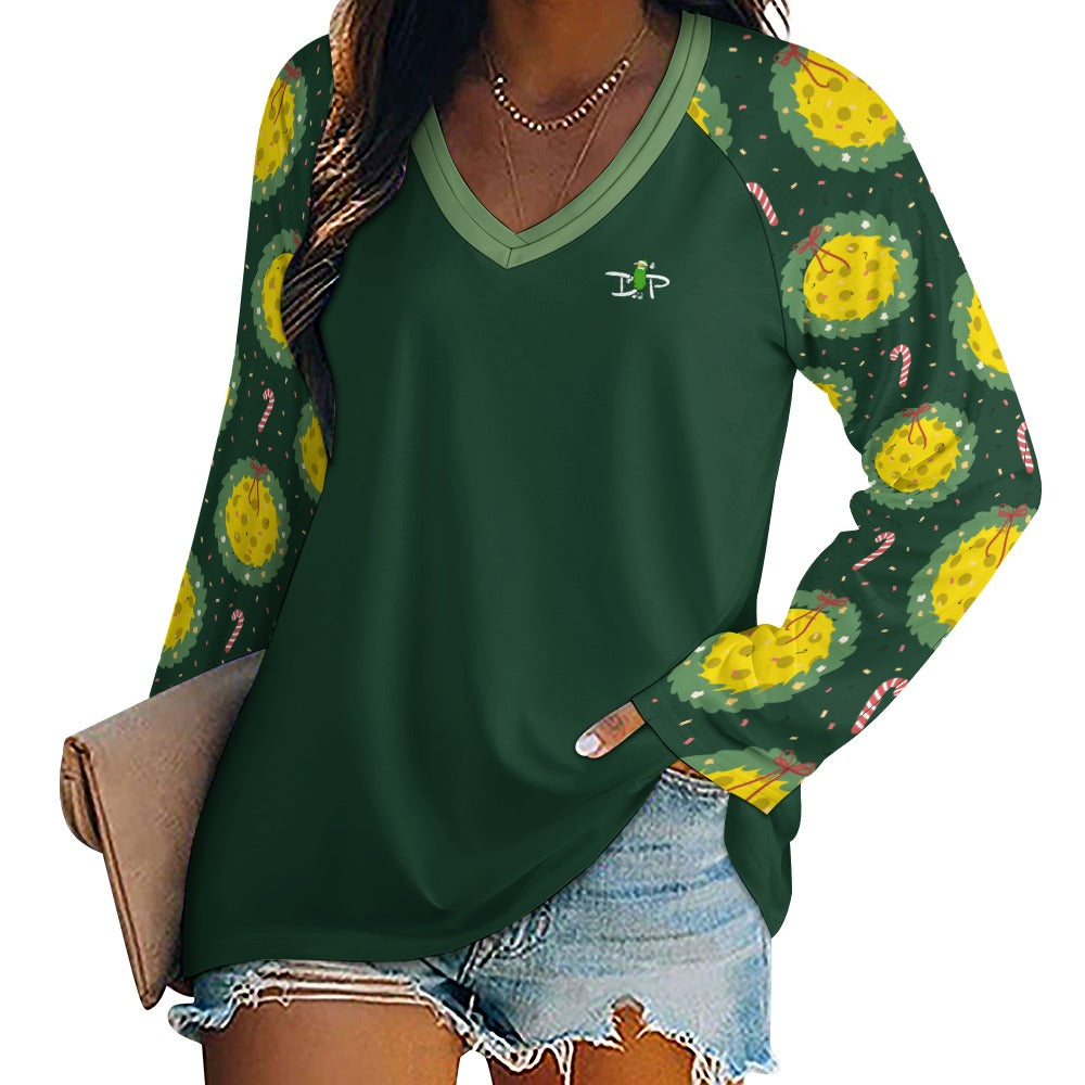 Dizzy Pickle Christmas Holly Cheer Collection Variety Set 5 Women's Pickleball Doiuble Layered V-Neck Loose Tee