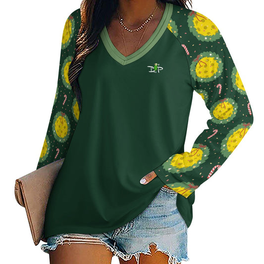 Dizzy Pickle Christmas Deck the Halls Women's Pickleball Double Layered V-Neck Loose Tee