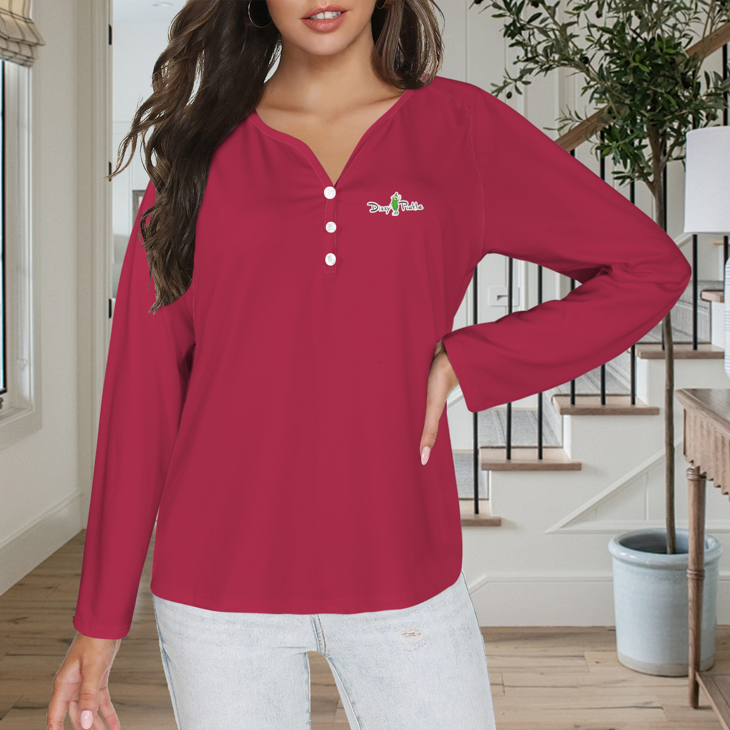 Three Button Long Sleeve Dark Red