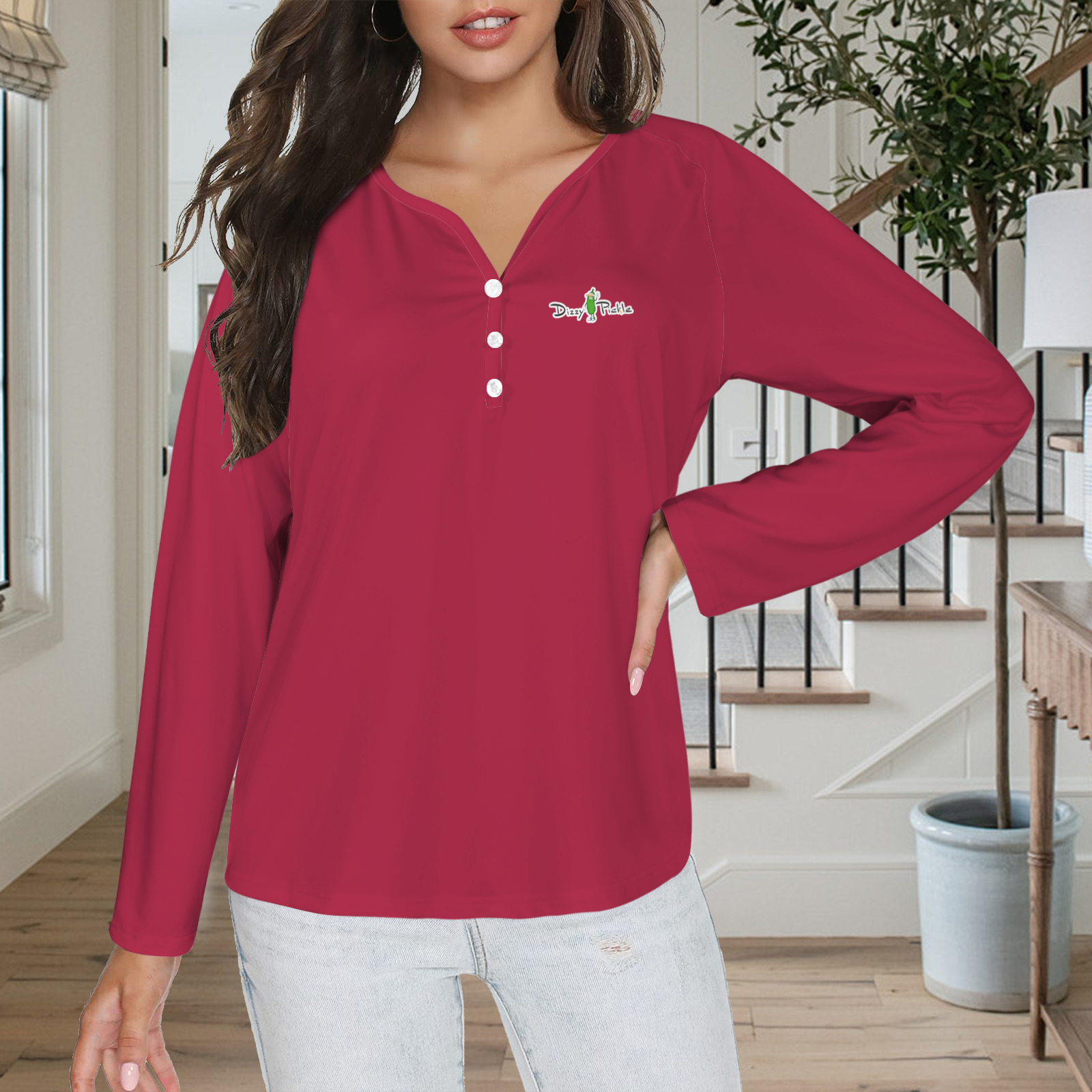 Three Button Long Sleeve Dark Red