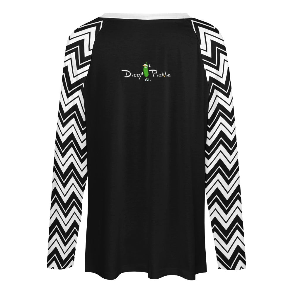 Dizzy Pickle Kim Zig Zag Black White Women's Pickleball Long sleeve Double Layered V-Neck Loose Tee