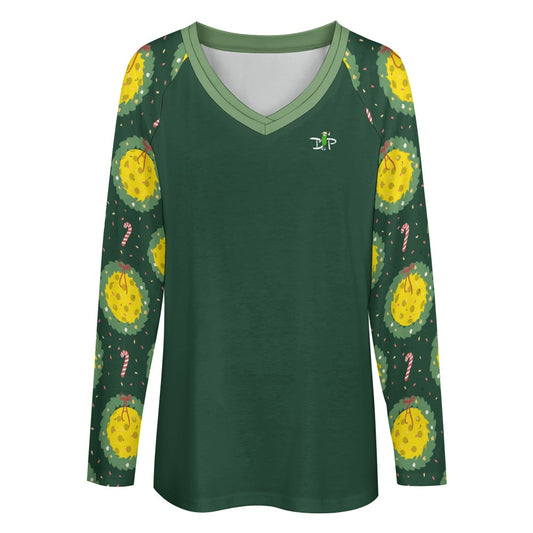 Dizzy Pickle Christmas Deck the Halls Women's Pickleball Double Layered V-Neck Loose Tee