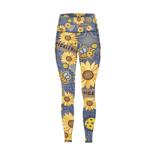 Dizzy Pickle Amy Sunflowers Women's Pickleball Performance Leggings (Ankle Length, High-Waisted, & Two Side Pockets)