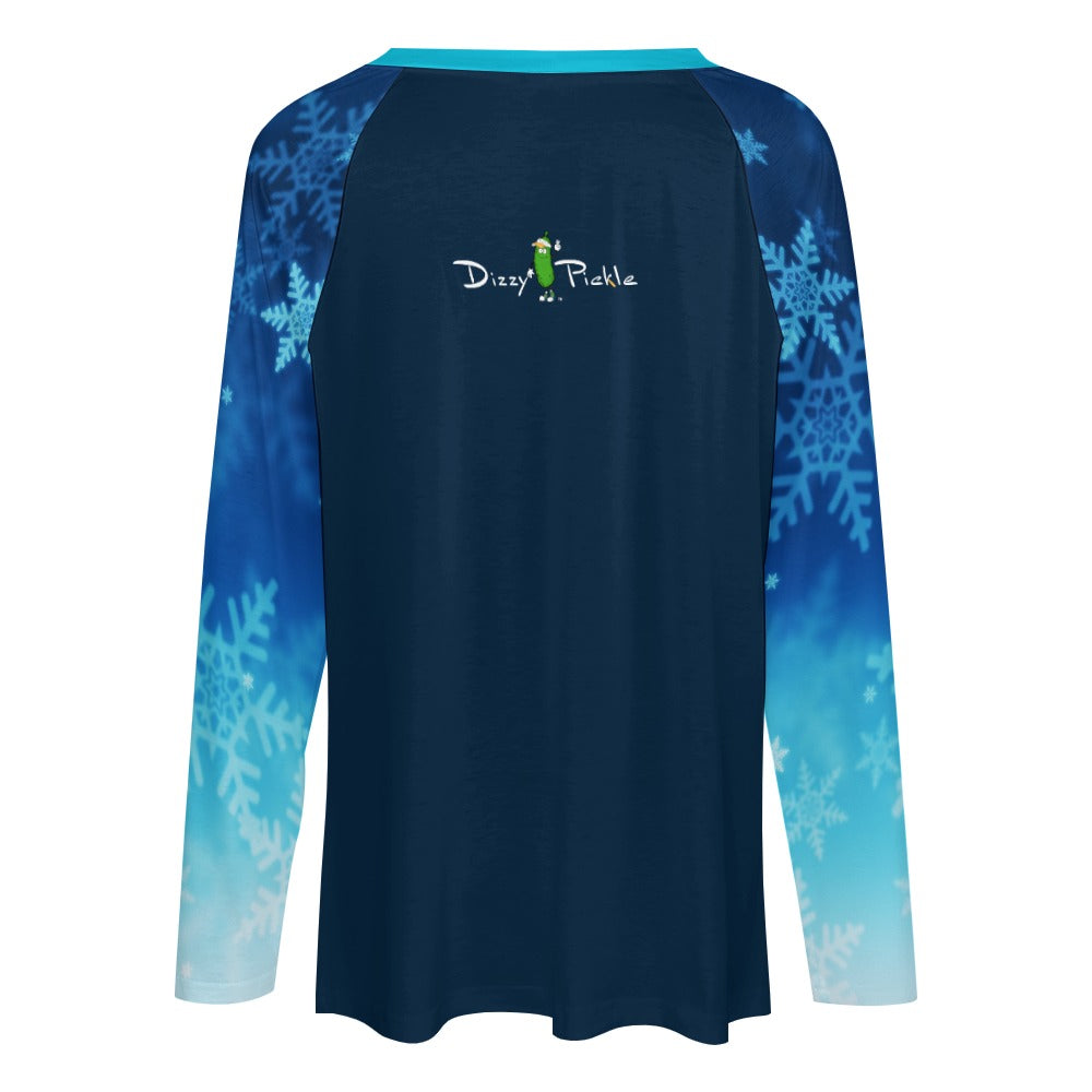 Dizzy Pickle Christmas Blue Snowflakes Women's Pickleball Double Layered V-Neck Loose Tee