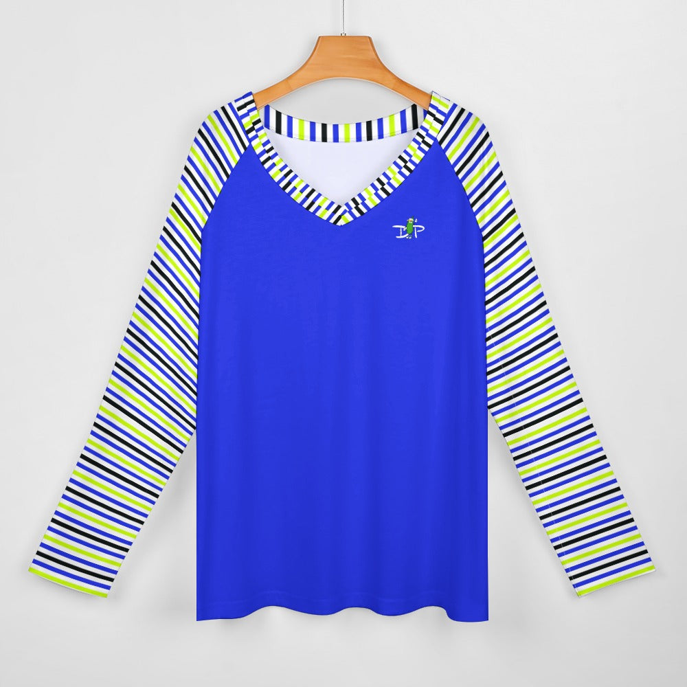 Dizzy Pickle Connie Stripes Blue Women's Pickleball Long sleeve Double Layered V-Neck Loose Tee