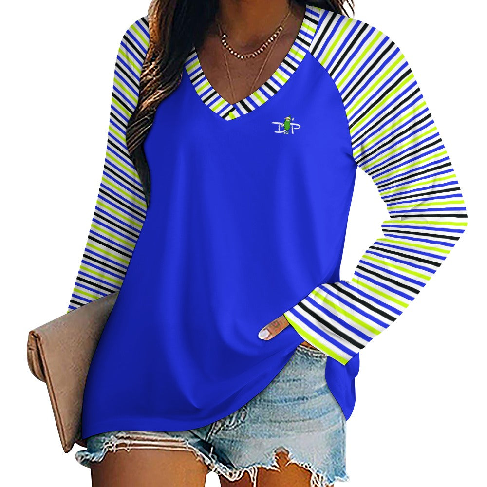 Dizzy Pickle Connie Stripes Blue Women's Pickleball Long sleeve Double Layered V-Neck Loose Tee