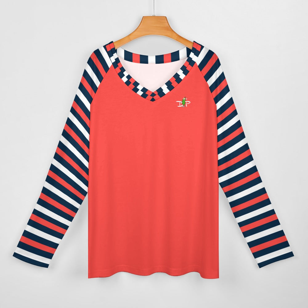 Dizzy Pickle Van Stripes Coral Women's Pickleball Long sleeve Double Layered V-Neck Loose Tee