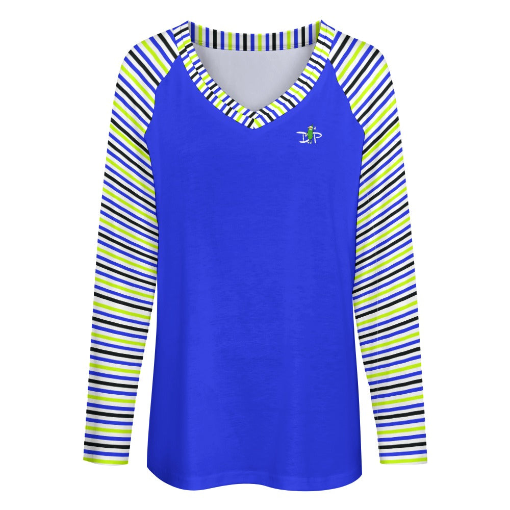 Dizzy Pickle Connie Stripes Blue Women's Pickleball Long sleeve Double Layered V-Neck Loose Tee