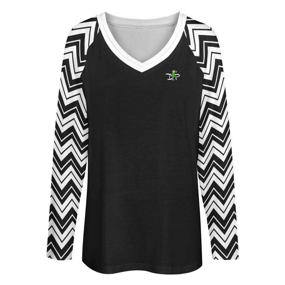 Dizzy Pickle Kim Zig Zag Black White Women's Pickleball Long sleeve Double Layered V-Neck Loose Tee