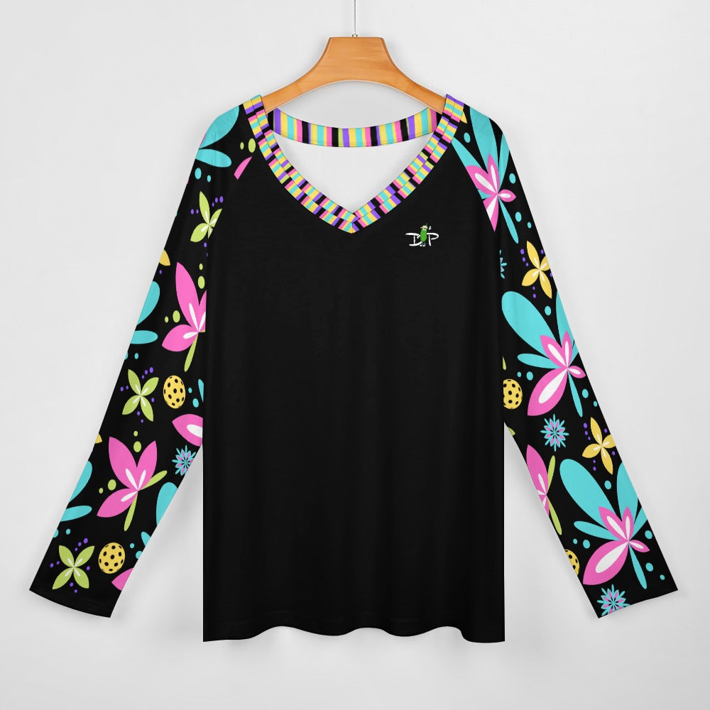 Dizzy Pickle Donna Black Collection Women's Pickleball Long sleeve Double Layered V-Neck Loose Tee