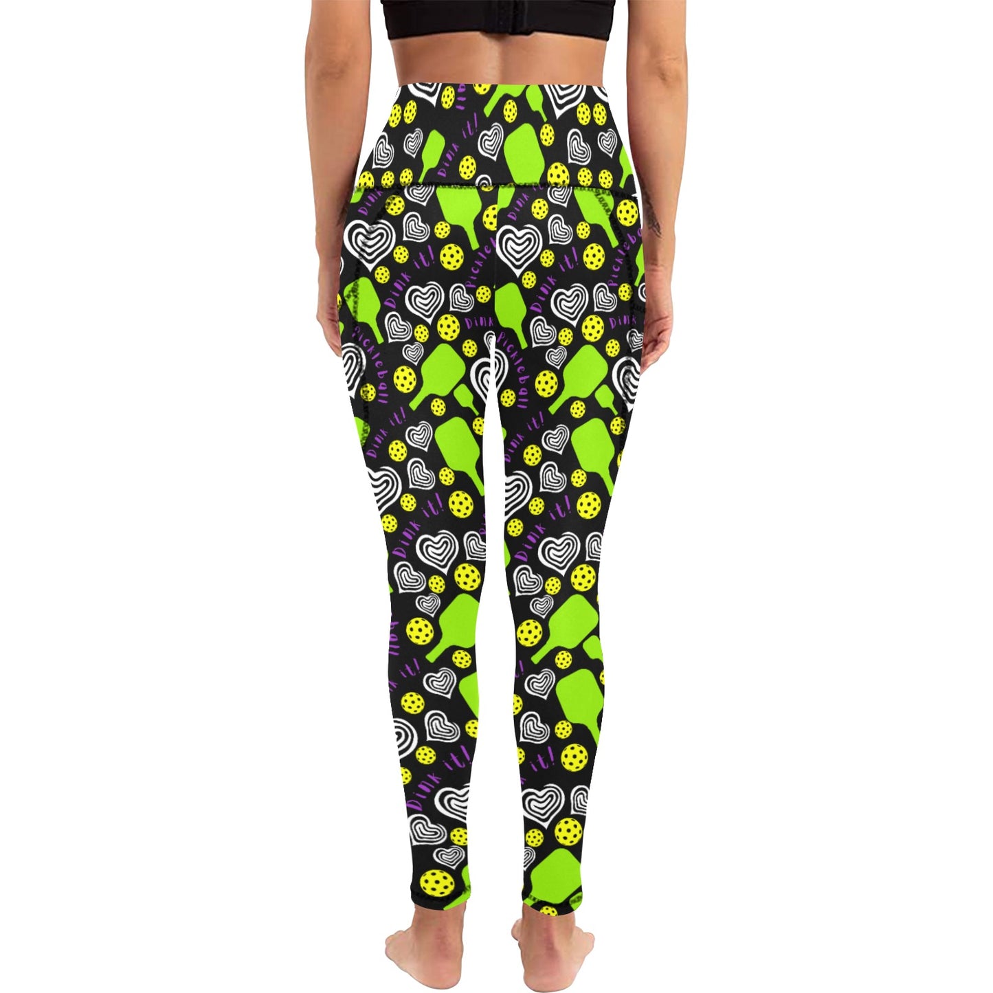 Dizzy Pickle Dinking Diva Hearts BG Women's Pickleball Performance Leggings (Ankle Length, High-Waisted, & Two Side Pockets)