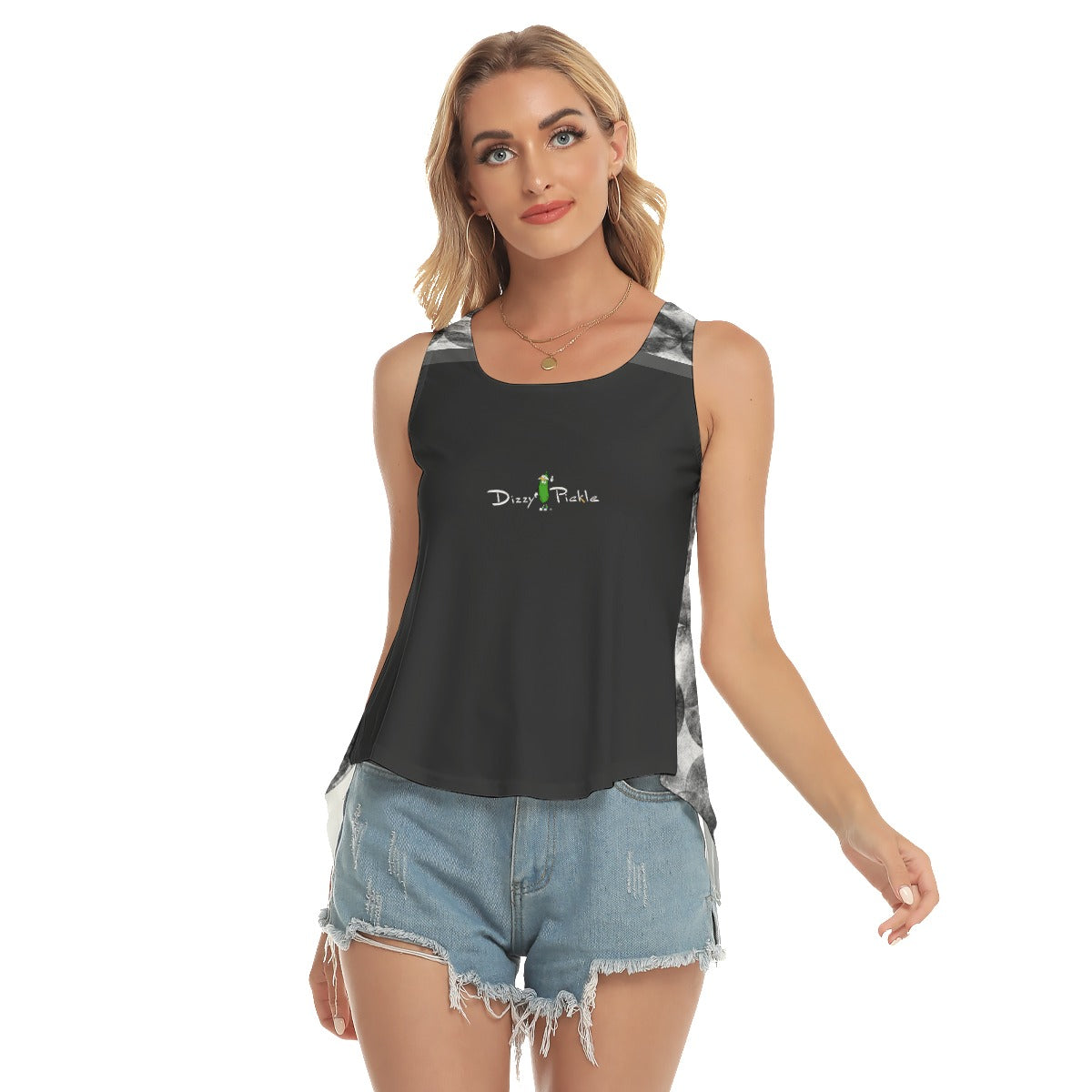 Dizzy Pickle Heidi BKW Black/Bubbles Women's Pickleball Open-Backed Tank Top